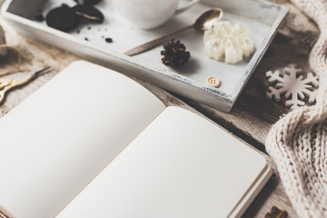  Cute vintage christmas new year gifts mock up on wooden background.