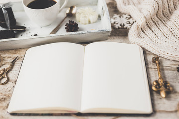  Cute vintage christmas new year gifts mock up on wooden background.