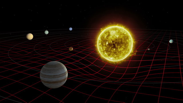 Solar System Distortion Grid. planets orbit and show the concept of gravitational mass distortion for each planet on the grid.
