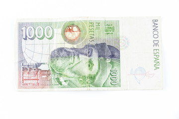 Spain vintage old paper money isolated on a white background. 1000 pesetas. Francisco Pizarro
