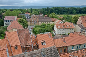 Fototapeta na wymiar Red roof houses in the medieval city Quedlinburg in Germany