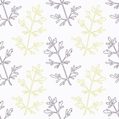 Cotton fabric Hand drawn ruta or rue branch wirh flowers stylized black and green seamless pattern
