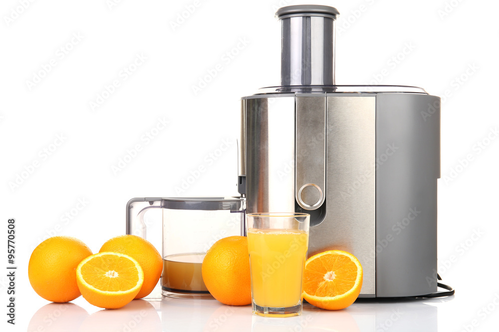 Poster stainless juice extractor with oranges isolated on white background