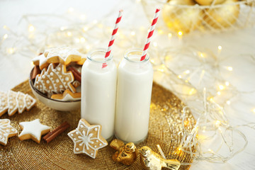 Beautiful composition with Christmas cookies and milk