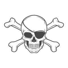 Jolly Roger with eyepatch and crossbones logo template. Evil skull vector. Dark t-shirt design. Pirate icon