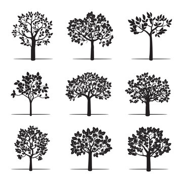 Set of Black Apple Trees. Vector Illustration.