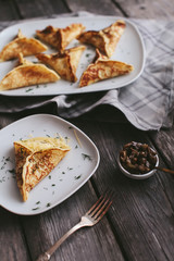 Pancakes with cheese and mushrooms on a plate on a napkin
