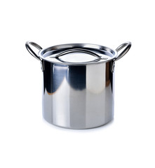 stainless steel pot with lid on white background