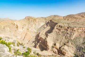 Ridge view of Jabal Akhdar in Al Hajar Mountains, Oman. This place is 2000 meters above sea level.