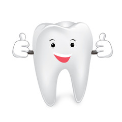 Illustration of a smiling tooth mascot character doing a double thumbs up