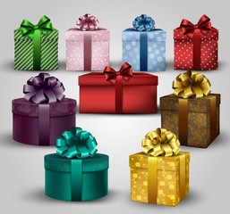 Illustration of set of colorful gift boxes with bows and ribbons background