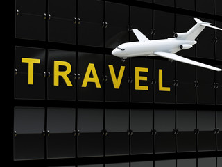 3d Airport board and airplane. Travel or tourism concept.