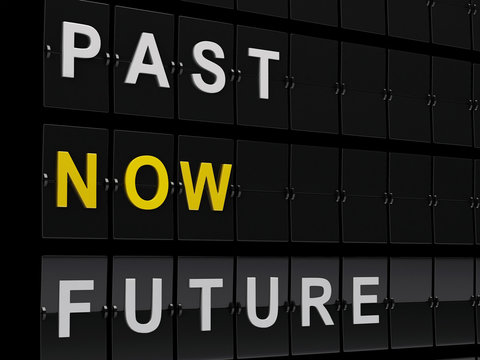 3d Airport board with past, now and future words.