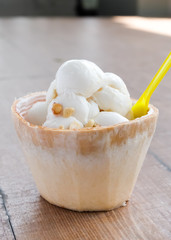 Coconut ice cream in a coconut shell