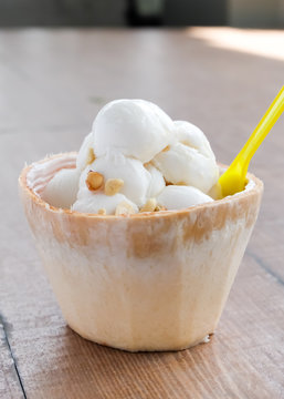 Coconut ice cream in a coconut shell