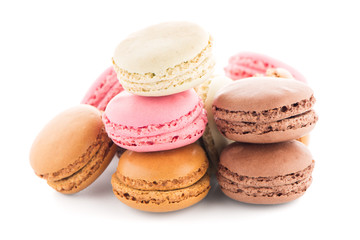 Colorful French Macarons on the white background.