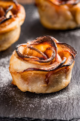 Delicious apple cakes with sugar on wooden table.
