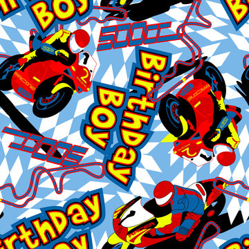 Birthday boy motorbike seamless pattern