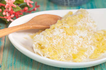 Thai dessert kanom Tua Pab ,Mung Bean rice-crepe ,coconut, sesam