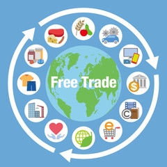 Free trade and various trading goods, services, vector icons and illustrations