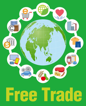 Free trade and various trading goods, services, vector icons and illustrations