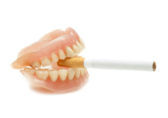 Dentures with a cigarette on a white background