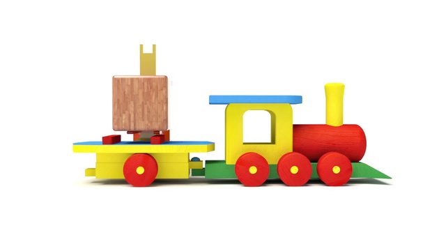 3d wooden toy train with colorful blocs isolated over white