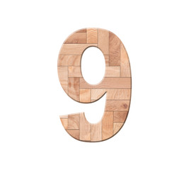 Wooden parquet of digit one symbol - 9. Isolated on white background