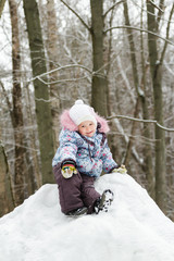 Fototapeta na wymiar Cheerful little girl wearing warm clothes posing on snowy hill in winter forest
