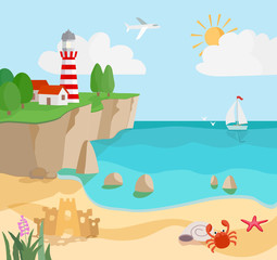 cartoon coast seascape with sand, waves, starfish,  crab, lighth © flowerstock