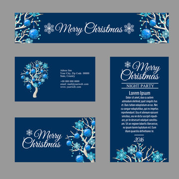 Four greeting card with stylish Christmas tree on a blue background