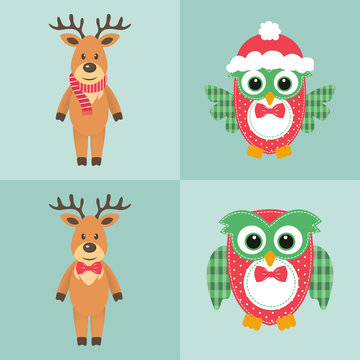 winter deer and winter owl set 