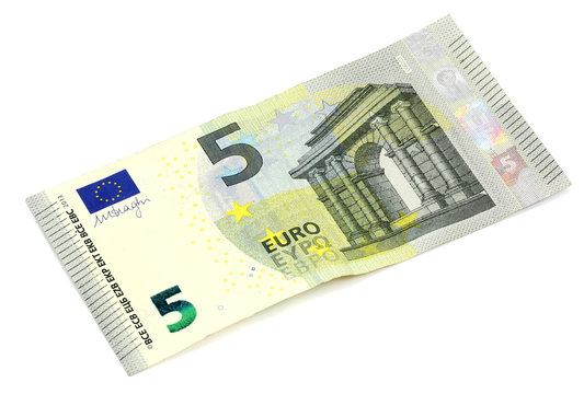 five euro banknote on white background