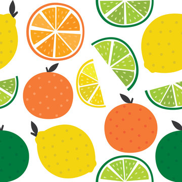 Vector illustration of seamless background with oranges, lemons, limes and grapefruits. 