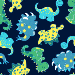 Fototapeta na wymiar Embroidery dinosaurs in a seamless pattern
