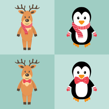 winter deer and penguin set