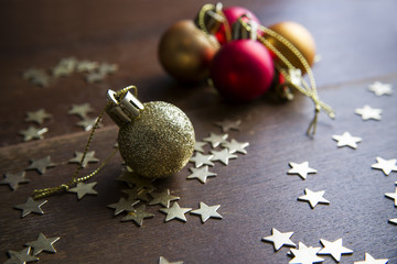 Christmas balls on wooden background