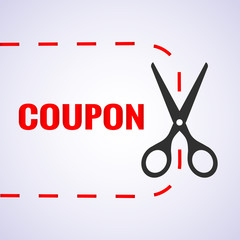Discount coupon, label, tag with scissors icon red isolated on white background. Vector illustration EPS 10