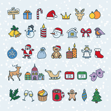 Hand drawn Christmas and new year icons