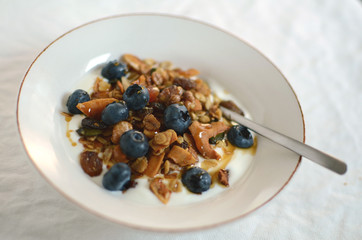Homemade granola with nuts, blueberries and natural jogurt