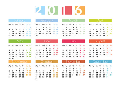 Calendar for 2016 in English