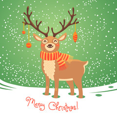 Christmas card with reindeer. Cute cartoon deer. Vector illustration