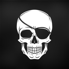 Human evil skull vector. Jolly Roger with eyepatch logo template. death t-shirt design. Pirate insignia concept on black background