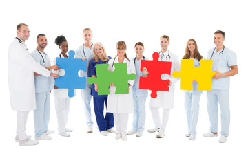 Obraz premium Confident Medical Team Holding Jigsaw Pieces