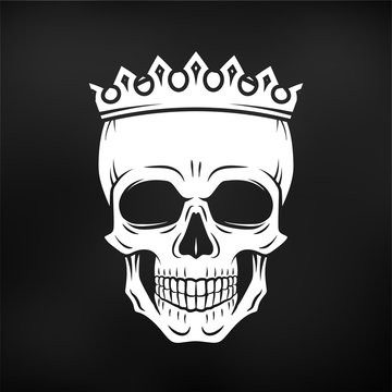 Skull King Crown design element. Vintage Royal illustration in medieval style. Dark Kingdom insignia concept on black background