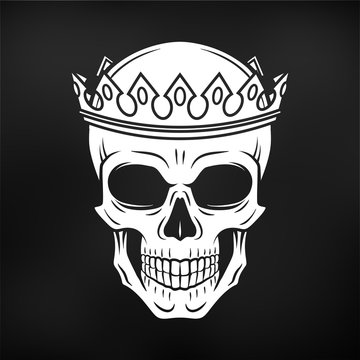 Skull King Crown design element on black background. Vintage Royal t-shirt illustration. Dark skeleton insignia concept