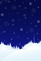 Merry Christmas and Happy new year card.
Blue background with winter landscape. Vector illustration.