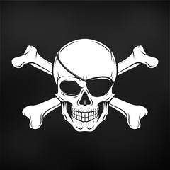 Jolly Roger with eyepatch and crossbones logo template. Evil skull vector. Dark t-shirt design. Pirate icon on black background