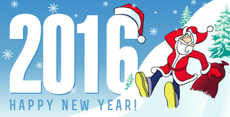 Santa new year cards 2016. Happy New Year 2016 greeting card with funny Santa Claus and greeting text