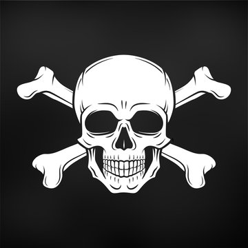 Human evil skull vector. Jolly Roger with crossbones logo template. death t-shirt design on black background. Pirate insignia concept. Poison icon illustration